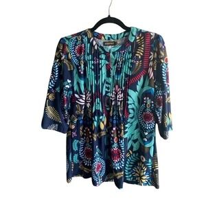 Floral Print Pleated Tunic Top Button Up 3/4 Sleeve Blouse‎ Size SM